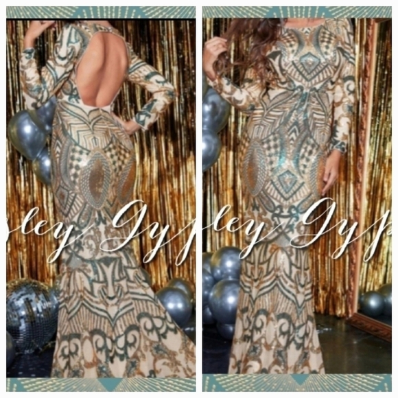 Teal and Gold Long Sleeve Backless Mermaid Contrast Sequin Formal Gown - Picture 1 of 10